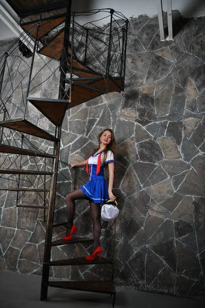 Beautiful Girl Marine Uniform Cap Ship Captain Poses Stairs — Stock Photo, Image