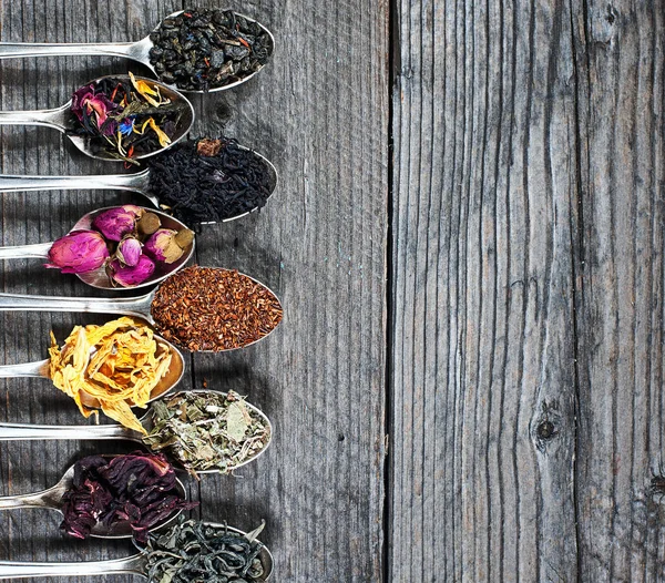 The different kinds of tea presented as a sample in the silver spoons, top view — Stock Photo, Image