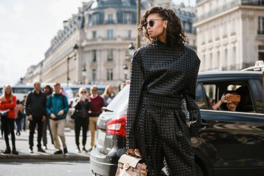PARIS, FRANCE - SEPTEMBER 27, 2019: Cindy Bruna before BALMAIN fashion show at Paris Fashion Week Spring/Summer 2020. clipart