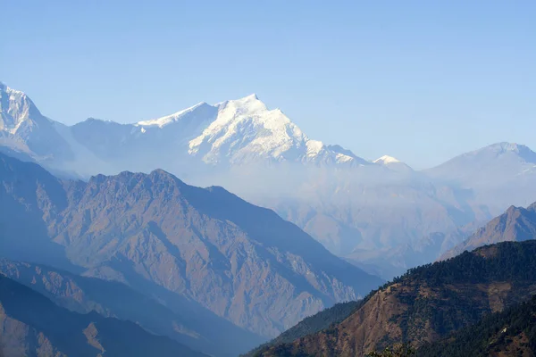Dağ zirveleri karla Nepal mavi gökyüzü arka plan üzerinde