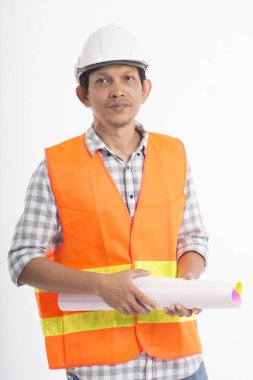 Asya mühendis kağıt rulolar, holding giyen kask ve yelekler, st