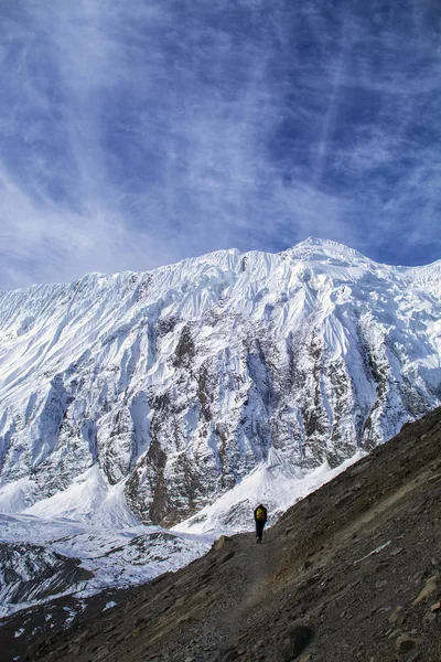 Trekker caminando en la montaña con montañas — Foto de Stock