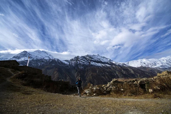 Trekker caminando en la montaña con montañas — Foto de Stock