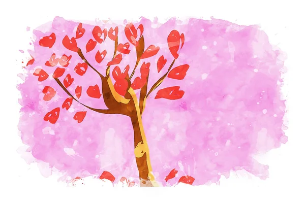 Tree with red leaves on pink watercolor background, heart shape leaves, watercolor painting for Valentine's Day card — 스톡 사진