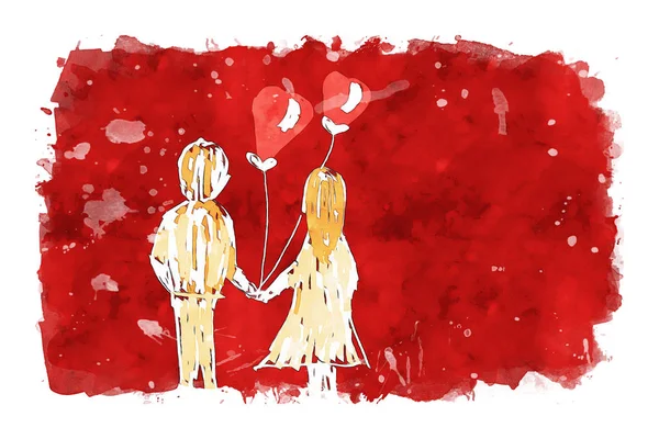 Homem e mulher segurando balões de forma de coração no fundo aquarela vermelho, pintura aquarela para cartão de Dia dos Namorados — Fotografia de Stock