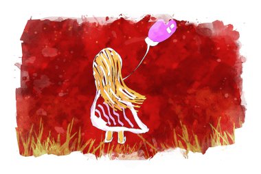 Pembe suluboya arka planda kalp şeklinde balonlar tutan kız, Sevgililer Günü kartı için suluboya resim