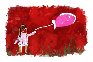 Kırmızı suluboya arka planda balon tutan kız, Sevgililer Günü kartı için suluboya resim