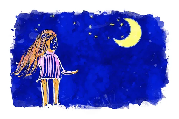 Девушка с полумесяцем и звездами на фоне голубого неба, мультяшная акварель — стоковое фото