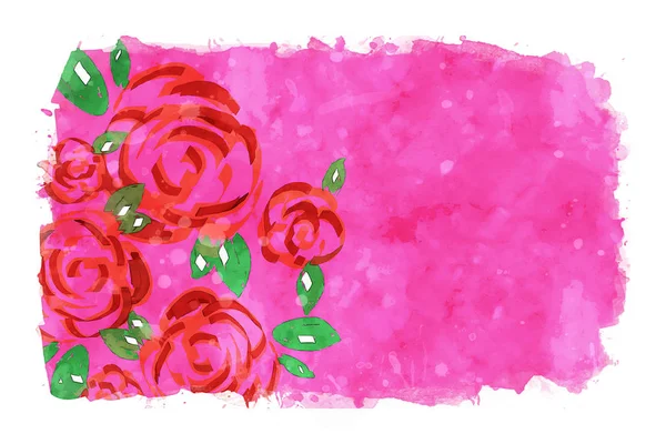 Red roses on pink watercolor background, watercolor painting for Valentine's Day card — Stock Photo, Image