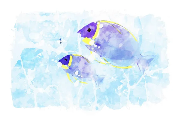 Δύο ψάρια στη θάλασσα σε μπλε φόντο ακουαρέλα, μπλε τόνους εικόνα, το καλοκαίρι ζωγραφική ακουαρέλα — Φωτογραφία Αρχείου