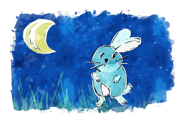 Lapin avec croissant de lune et étoiles sur fond bleu ciel, aquarelle dessin animé peinture — Photo