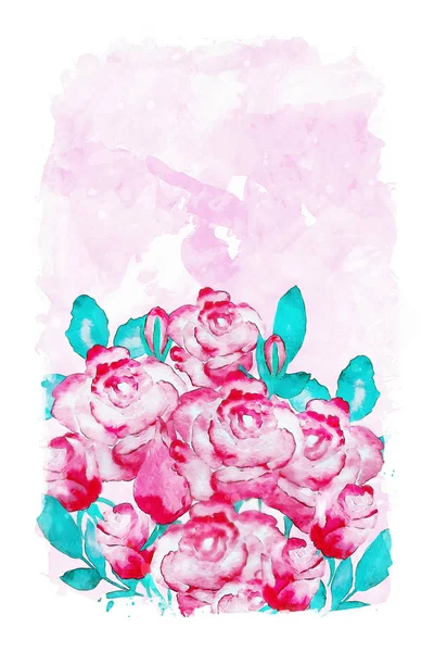 Red roses on pink watercolor background, watercolor painting for Valentines Day card — Stock Photo, Image