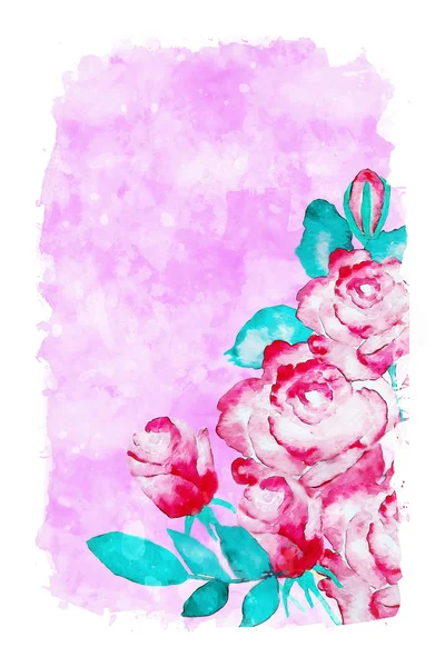 Red roses on pink watercolor background, watercolor painting for Valentines Day card — Stock Photo, Image