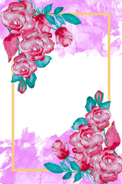Red roses and frame on pink watercolor background, watercolor painting for Valentines Day card — 스톡 사진