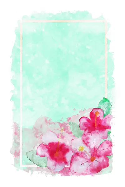 Pintura de acuarela de flores de hibisco rojo sobre fondo verde con marco, pintura de acuarela de verano para fondo —  Fotos de Stock