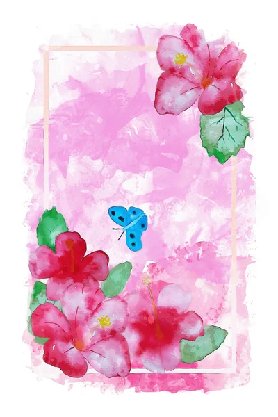 Akvarel malba červené květy ibišku na růžovém pozadí s rámem a motýlem, letní akvarel malba na pozadí — Stock fotografie