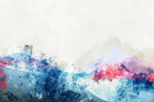 Mountain peak in winter paining in blue tone on white background,  digital watercolor painting — 스톡 사진