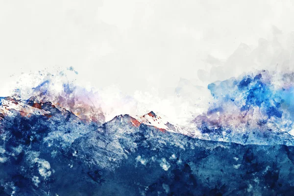 Hegycsúcs télen fájdalom kék tónusú fehér háttér, digitális akvarell festmény — Stock Fotó