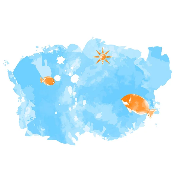 Watercolor painting of summer background, fish in blue water — Stock Photo, Image