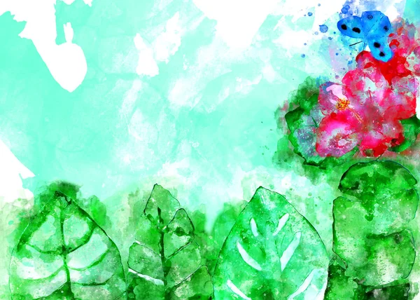Aquarela pintura de flor tropical e folhas com borboletas, ilustração flor para fundo — Fotografia de Stock