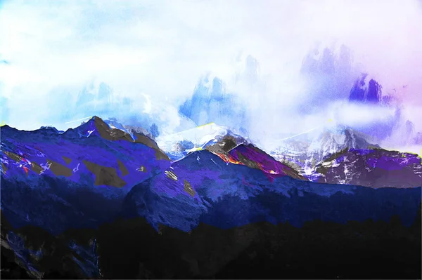 Анотація акрилового живопису барвистого озера з фоном гірського хребта — стокове фото