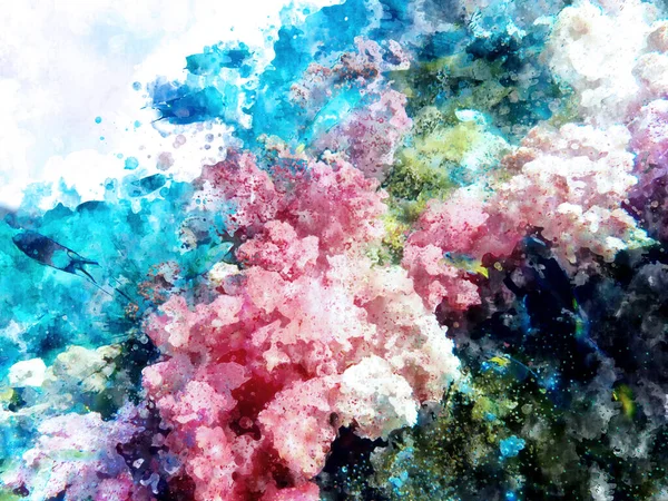 Akvarel Malba Barevných Korálů Pod Mořem Digitální Ilustrace — Stock fotografie