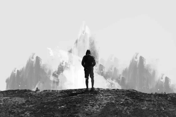 Man Standing Cliff Monotone Digital Painting Illustration — Stock Photo, Image