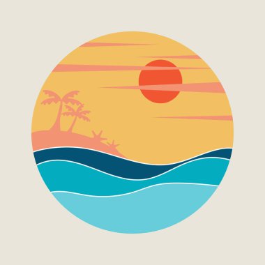 Hindistan cevizi palmiyesi, güneş ve kumsal mavisi deniz dalgaları, dairesel sembol.