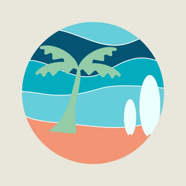 Ola Mar Color Azul Con Palmera Coco Tablas Surf Playa — Vector de stock