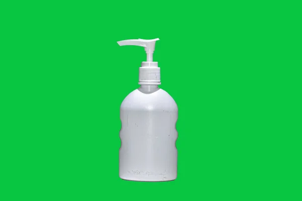Vit Hand Tvätta Flaska Grön Bakgrund — Stockfoto