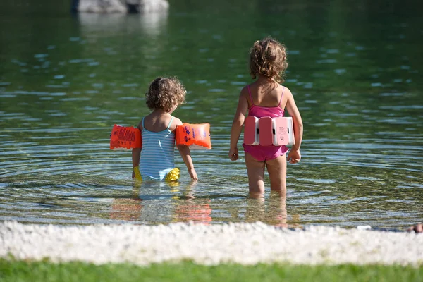 Banyo yapmak ve yüzmek rahatlatıcı, eğlenceli ve sıcak sıcaklıklarda serinliyor (Traun, Salzkammergut, Yukarı Avusturya).