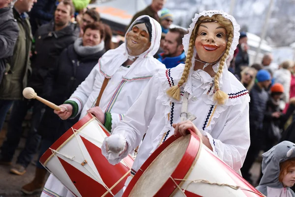 Carnaval Salzkammergut Mulher Tambor Uma Figura Que Ocorre Grupos Carnaval — Fotografia de Stock