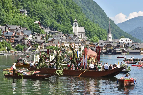 Procesión Del Corpus Christi Lago Hallstatt Hallstatt Salzkammergut Distrito Gmunden — Foto de Stock