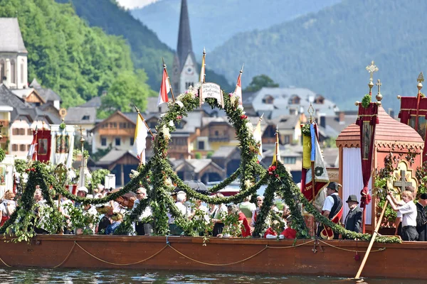 Corpus Christi Procissão Lago Hallstatt Hallstatt Salzkammergut Distrito Gmunden Alta — Fotografia de Stock