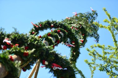 Laakirchen 'de Maypole kurulumu (Gmunden ilçesi, Yukarı Avusturya) - Maypole direği, Avusturya' da 1 Mayıs 'ta (genellikle 30 Nisan) köy veya kasaba meydanında bulunan bir ağaç veya gövdedir..