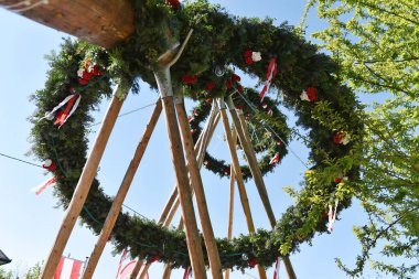 Laakirchen 'de Maypole kurulumu (Gmunden ilçesi, Yukarı Avusturya) - Maypole direği, Avusturya' da 1 Mayıs 'ta (genellikle 30 Nisan) köy veya kasaba meydanında bulunan bir ağaç veya gövdedir..