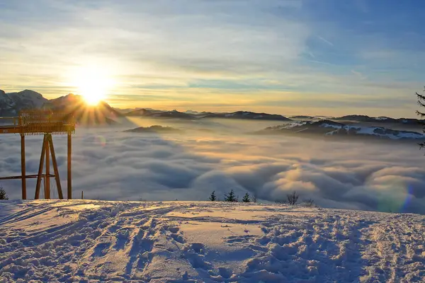 Pôr Sol Com Nuvens Inverno Grnberg Distrito Gmunden Alta Áustria — Fotografia de Stock