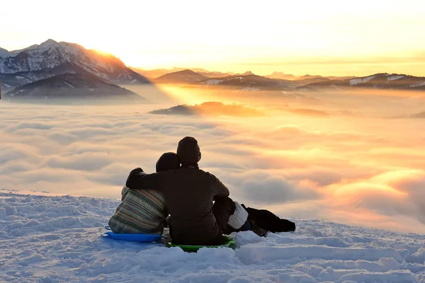 Pôr Sol Com Nuvens Inverno Grnberg Distrito Gmunden Alta Áustria — Fotografia de Stock