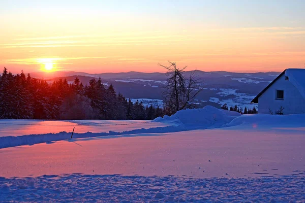 Wintersonnenuntergang Böhmerwald Bezirk Rohrbach Oberösterreich Österreich — Stockfoto