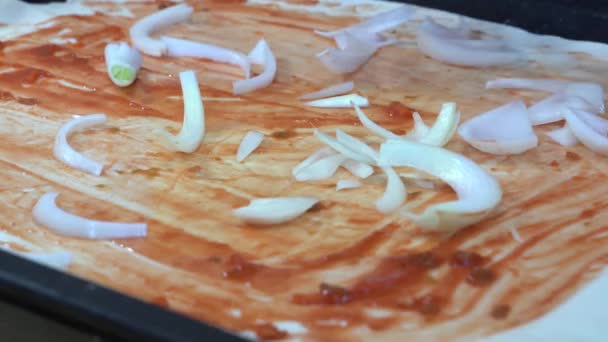 Женские руки посыпать лук на тесто для приготовления пиццы — стоковое видео