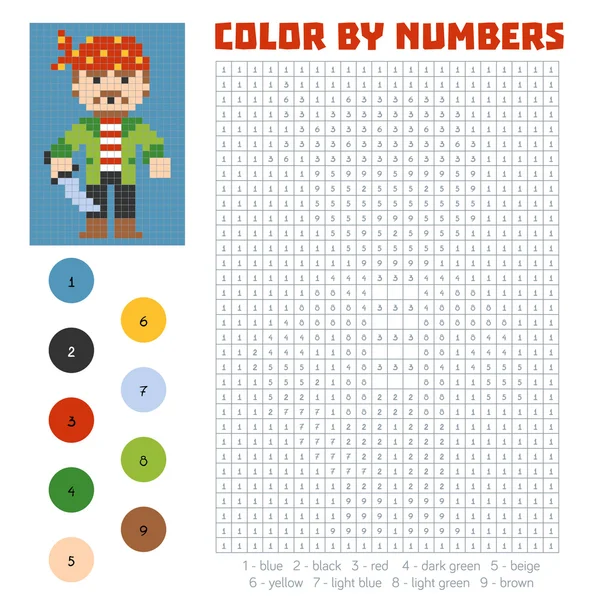 Kolor przez numer, edukacja, gry dla dzieci, pirat — Wektor stockowy
