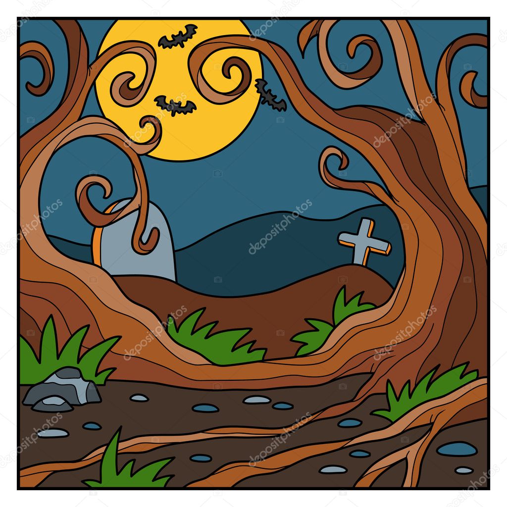Vector Halloween background, landscape with night forest