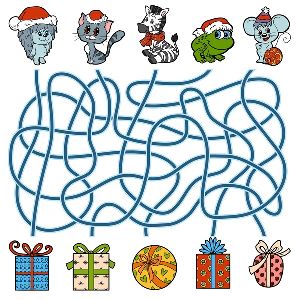 Maze game, animals and Christmas gifts — Stock Vector