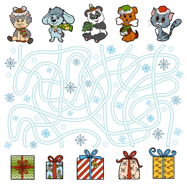 Laberinto juego, animales y regalos de Navidad — Archivo Imágenes Vectoriales