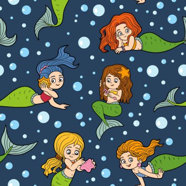 Koyu arka plan üzerinde küçük deniz kızları ile Seamless Modeli