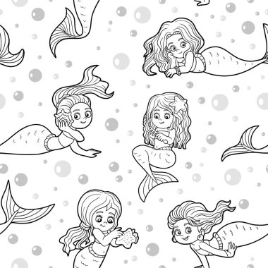 Beyaz arka plan üzerinde Deniz kızları ile vektör seamless modeli