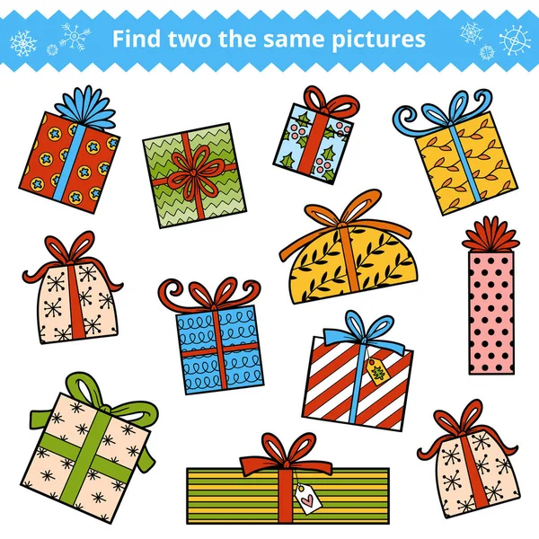 Encontrar dos las mismas fotos, Conjunto de colores de regalos de Navidad — Vector de stock