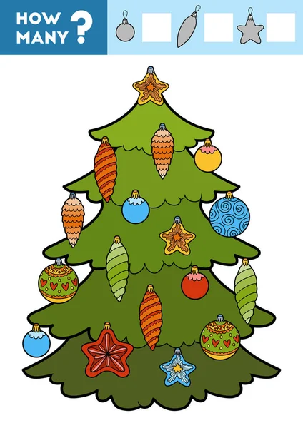 Игра в подсчет для детей. Рождественская елка и игрушки — стоковый вектор