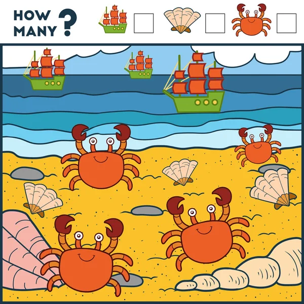 Liczenie gra dla dzieci w wieku przedszkolnym. Krab i plaża — Wektor stockowy