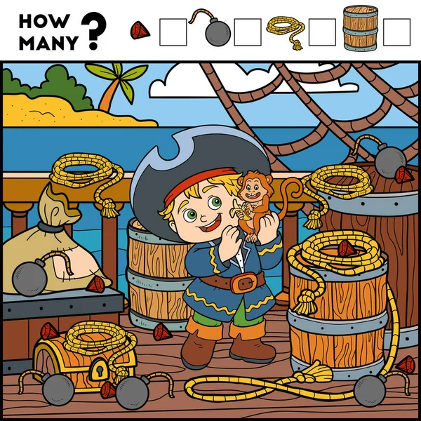 पूर्वस्कूली बच्चों के लिए गिनती खेल। समुद्री डाकू लड़का और पृष्ठभूमि — स्टॉक वेक्टर